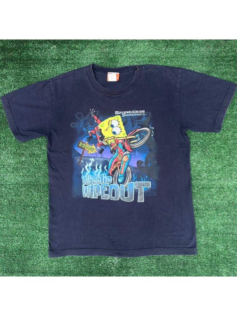 Vintage Y2K SpongeBob SquarePants BMX Wheelie T-Shirt Navy M Nickelodeon Skater